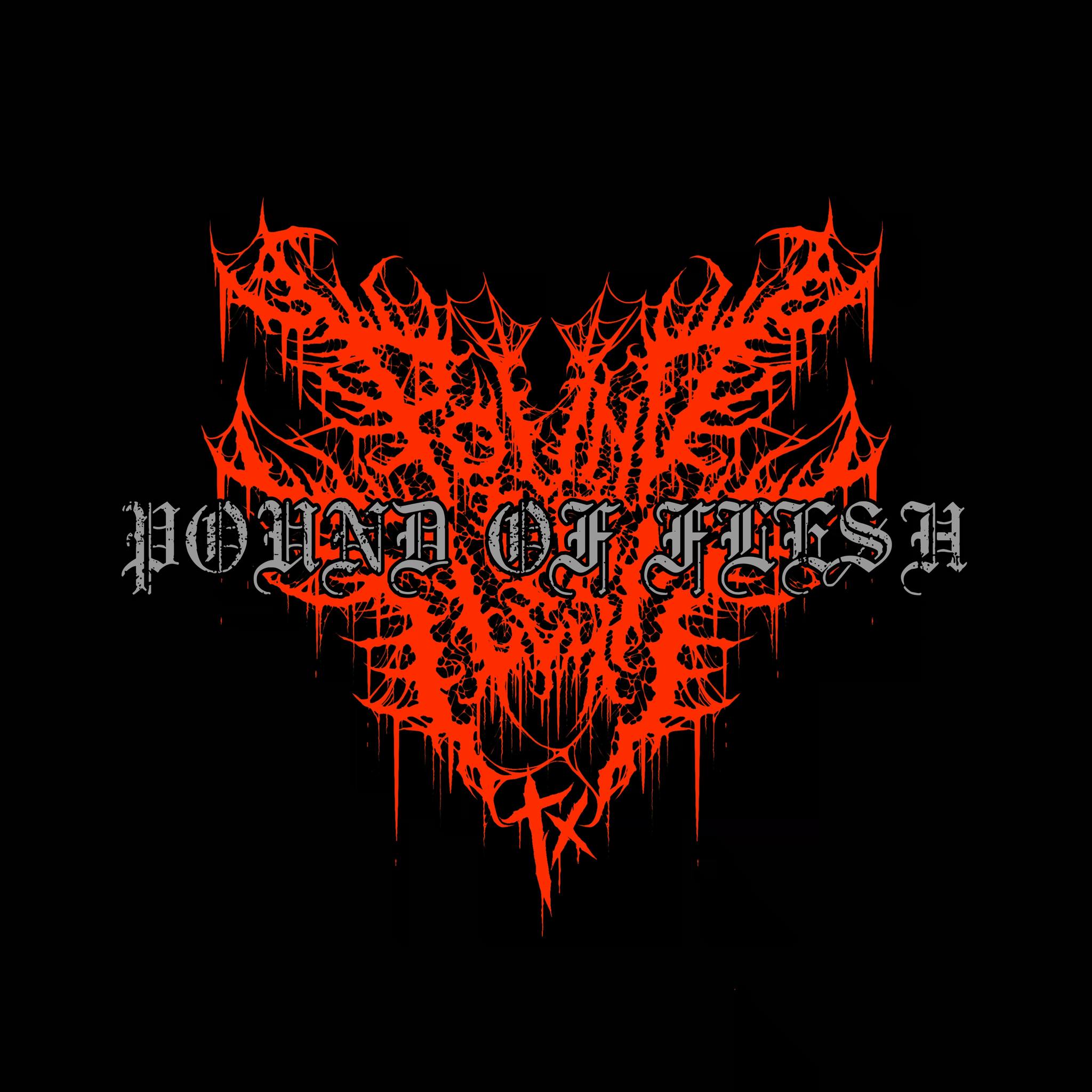 Original Pound Of Flesh Logo Design in Red with Old English Script text in front.